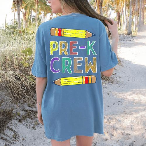 Pre-K Crew PreK Teachers Back To School Women's Comfort Colors T-Shirt Back Print - teacherstshirts.com