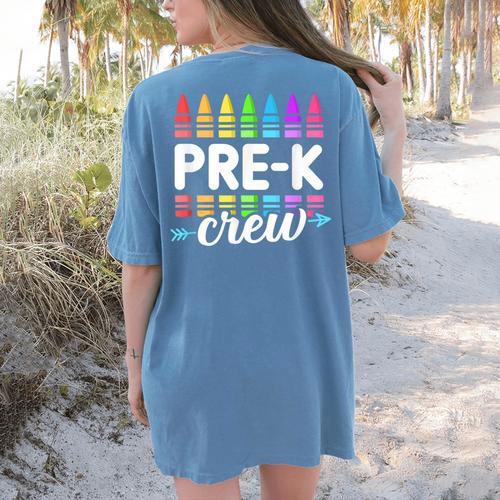 Pre-K Crew Teacher Team Squad Hello Back School Graduation Women's Comfort Colors T-Shirt Back Print - teacherstshirts.com