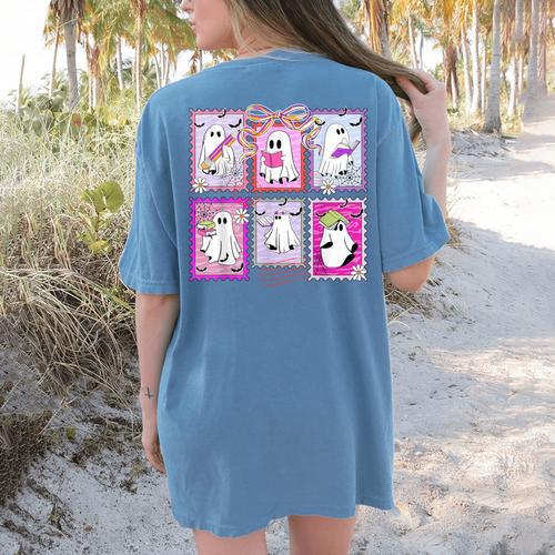 Preppy Spooky Teacher Halloween Ghost Coquette Bow Autumn Women's Comfort Colors T-Shirt Back Print - teacherstshirts.com AU