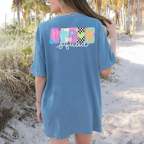 Preschool Squad Team Pre-K Crew Back To School Teacher Women's Comfort Colors T-Shirt Back Print - teacherstshirts.com DE