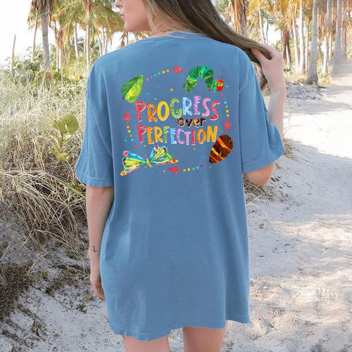 Progress Over Perfection Caterpillar Teacher Back To School Women's Comfort Colors T-Shirt Back Print - teacherstshirts.com AU