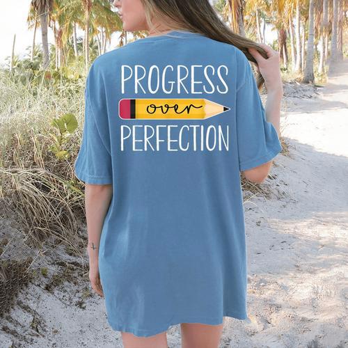 Progress Over Perfection Motivational Back To School Teacher Women's Comfort Colors T-Shirt Back Print - teacherstshirts.com UK