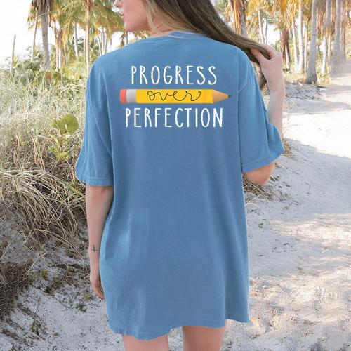 Progress Over Perfection Motivational Teacher Tee Women's Comfort Colors T-Shirt Back Print - teacherstshirts.com AU