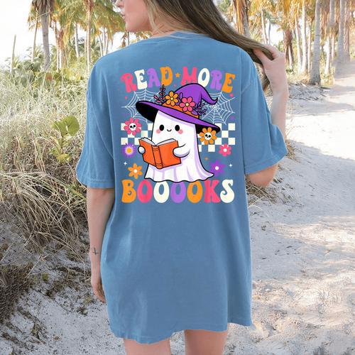 Read More Books Ghost Reading Book Teacher Halloween Women's Comfort Colors T-Shirt Back Print - teacherstshirts.com AU