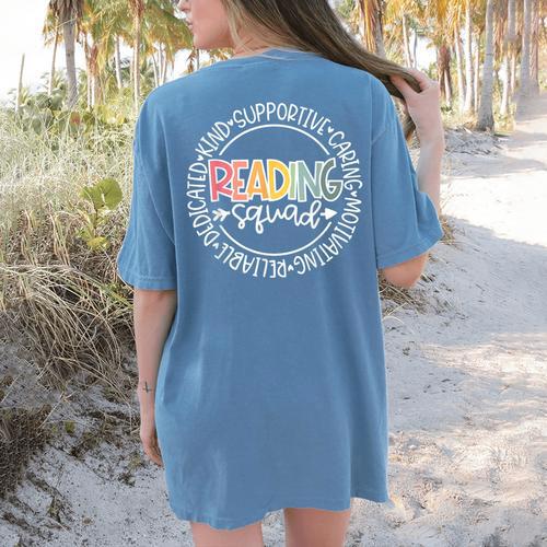 Reading Squad Teacher Reader Librarian Interventionist Team Women's Comfort Colors T-Shirt Back Print - teacherstshirts.com UK