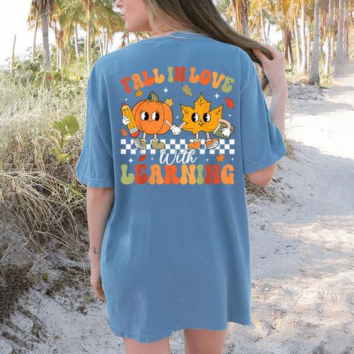 Retro Pumpkin Fall In Love With Learning Autumn Teacher Women's Comfort Colors T-Shirt Back Print - teacherstshirts.com UK
