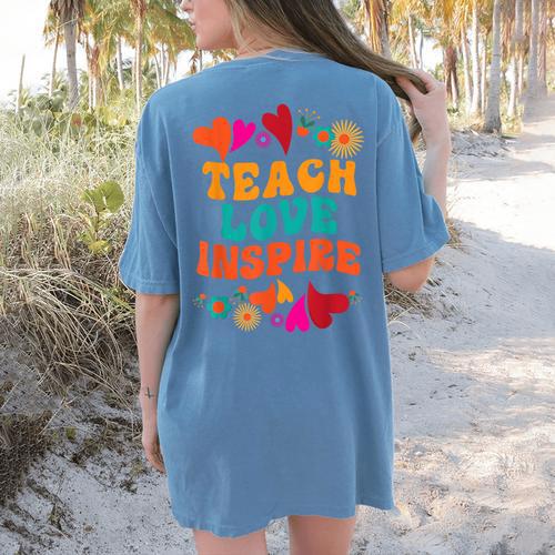 Retro Teach Love Inspire Back To School Teachers Women's Comfort Colors T-Shirt Back Print - teacherstshirts.com DE