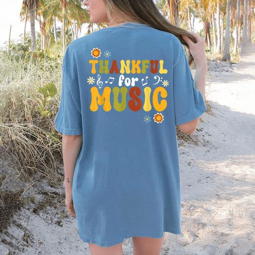 Retro Thankful For Music Floral Music Teacher Thanksgiving Men Women Women's Comfort Colors T-Shirt Back Print - teacherstshirts.com