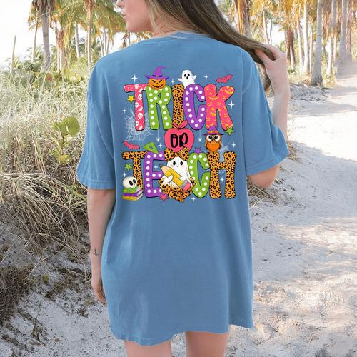 Retro Trick Or Teach Leopard Ghost Halloween Spooky Teacher Women's Comfort Colors T-Shirt Back Print - teacherstshirts.com AU