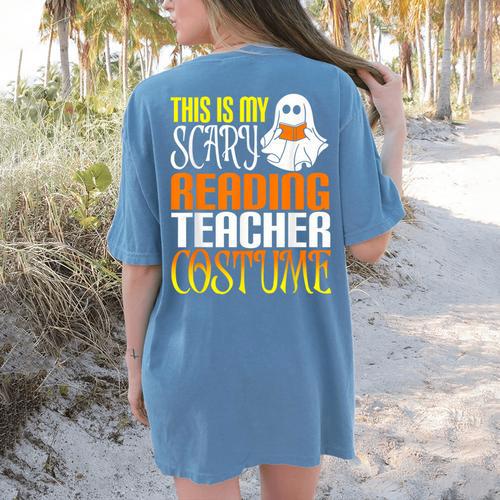 This Is My Scary Reading Teacher Costume Halloween School Women's Comfort Colors T-Shirt Back Print - teacherstshirts.com DE