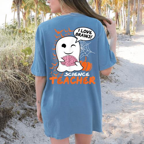 Science Teacher Cute Ghost Halloween Teacher Men Women Women's Comfort Colors T-Shirt Back Print - teacherstshirts.com AU