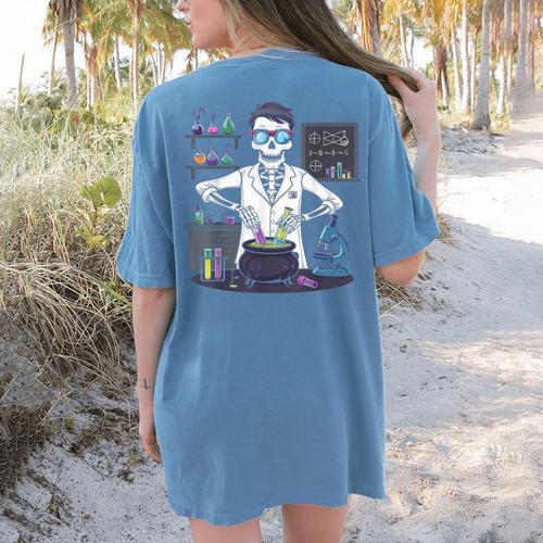 Science Teacher Halloween Skeleton Scientist Chemistry Women's Comfort Colors T-Shirt Back Print - teacherstshirts.com AU