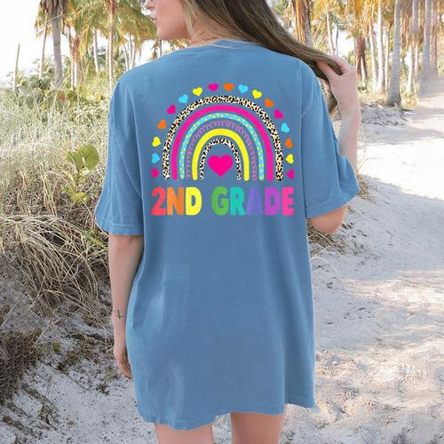 Second Grade Rainbow Girls Boys Teacher Team 2nd Grade Squad Women's Comfort Colors T-Shirt Back Print - teacherstshirts.com AU