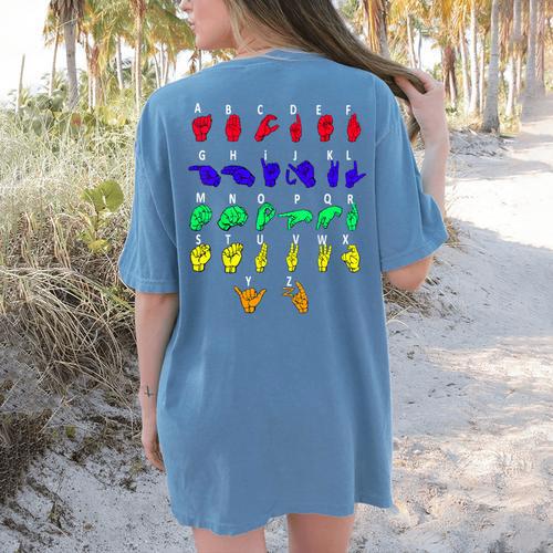 Sign Language Alphabet For ASL Interpreter Deaf Teacher Stud For Men Women Girls Kids Women's Comfort Colors T-Shirt Back Print - teacherstshirts.com