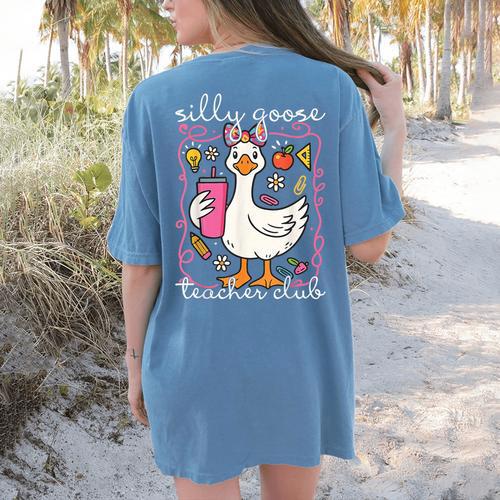 Silly Goose Teacher Club Animal Lover Groovy Teacher Women's Comfort Colors T-Shirt Back Print - teacherstshirts.com UK