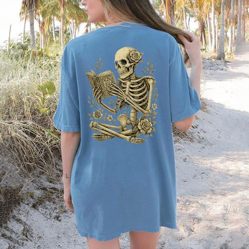 Skeleton Book Floral Skull Halloween Teacher Costume Women's Comfort Colors T-Shirt Back Print - teacherstshirts.com AU