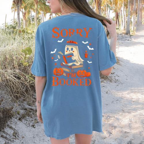 Sorry I'm Booked Ghost Reading Book Lover Teacher Halloween Women's Comfort Colors T-Shirt Back Print - teacherstshirts.com AU