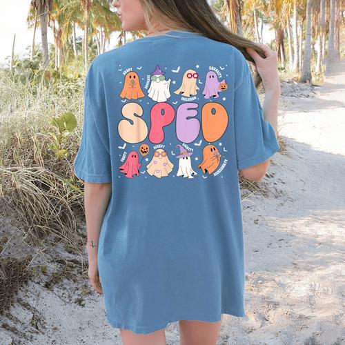 Special Education Teacher Ghosts Halloween SPED Teacher Women's Comfort Colors T-Shirt Back Print - teacherstshirts.com