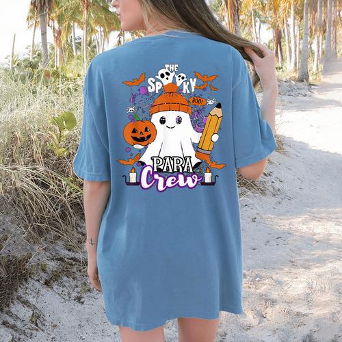 Spooky Para Crew Ghost Halloween Paraprofessional Teacher Women's Comfort Colors T-Shirt Back Print - teacherstshirts.com DE