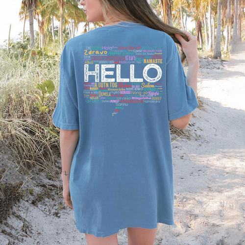 Start With Hello Different World Language Learning Teacher Women's Comfort Colors T-Shirt Back Print - teacherstshirts.com UK