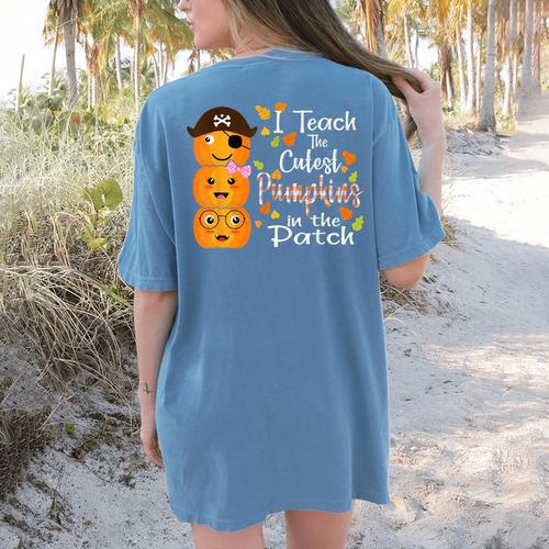I Teach The Cutest Pumpkins Halloween Shirt For Teachers Women's Comfort Colors T-Shirt Back Print - teacherstshirts.com UK
