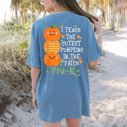 I Teach The Cutest Pumpkins In Patch Pre-K Halloween Teacher Women's Comfort Colors T-Shirt Back Print - teacherstshirts.com DE