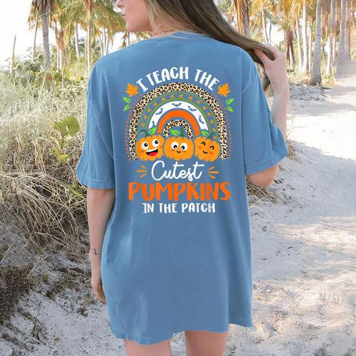 I Teach The Cutest Pumpkins In The Patch Teacher Halloween Women's Comfort Colors T-Shirt Back Print - teacherstshirts.com UK