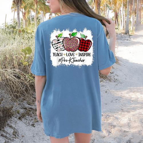 Teach Love Inspire Pre-k Teacher Apple Leopard Red Plain Women's Comfort Colors T-Shirt Back Print - teacherstshirts.com