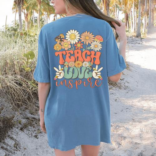 Teach Love Inspire Retro Groovy Daisy Back To School Teacher For Men Women Kids Women's Comfort Colors T-Shirt Back Print - teacherstshirts.com AU
