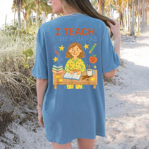I Teach In My Pajamas Crayon Home School Teacher PJs Women's Comfort Colors T-Shirt Back Print - teacherstshirts.com DE