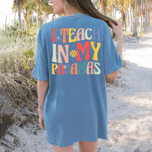 I Teach In My Pajamas Retro Groovy Teacher Humor Women's Comfort Colors T-Shirt Back Print - teacherstshirts.com DE