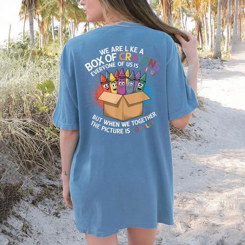 Teacher We Are Like a Box Of Crayons Women's Comfort Colors T-Shirt Back Print - teacherstshirts.com AU