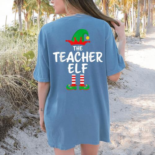 The Teacher Elf Matching Family Christmas Women's Comfort Colors T-Shirt Back Print - teacherstshirts.com DE