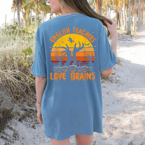 Teacher Halloween All English Teachers Love Brains Women's Comfort Colors T-Shirt Back Print - teacherstshirts.com DE