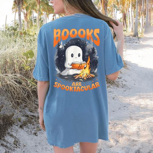 Teacher Halloween Ghost Reading Book Animal Boooks Are Women's Comfort Colors T-Shirt Back Print - teacherstshirts.com AU