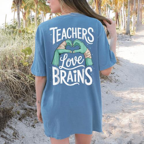 Teacher Halloween Shirt Women Men Teachers Love Brains Women's Comfort Colors T-Shirt Back Print - teacherstshirts.com AU
