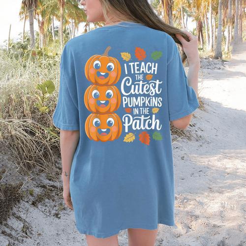 Teacher Halloween Tshirts I Teach The Cutest Pumpkins Women's Comfort Colors T-Shirt Back Print - teacherstshirts.com AU