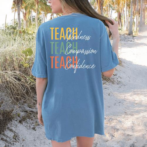 Teacher Kindness Compassion Confidence Teaching Women's Comfort Colors T-Shirt Back Print - teacherstshirts.com DE