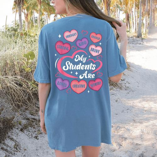 Teacher Positive Affirmations Candy Heart Valentine's Day Women's Comfort Colors T-Shirt Back Print - teacherstshirts.com DE