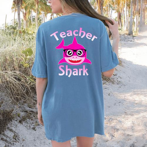 Teacher Shark Female Teacher Women's Comfort Colors T-Shirt Back Print - teacherstshirts.com CA