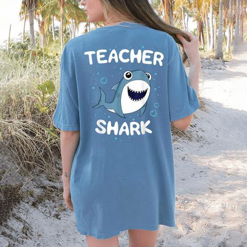 Teacher Shark Teaching Back To School Kindergarten Women's Comfort Colors T-Shirt Back Print - teacherstshirts.com AU