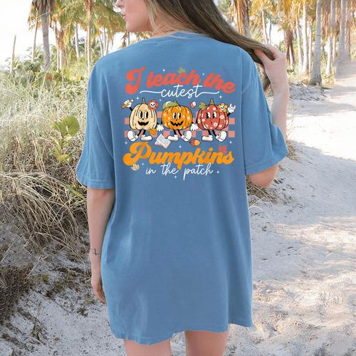 Teacher I Teach The Cutest Pumpkins In The Patch Fall Autumn Women's Comfort Colors T-Shirt Back Print - teacherstshirts.com UK