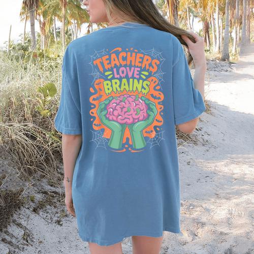 Teacher Teachers Love Brains Halloween Men Women Women's Comfort Colors T-Shirt Back Print - teacherstshirts.com UK