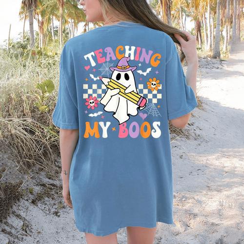 Teaching My Boos Ghost Teacher Cute Groovy Halloween Teacher Women's Comfort Colors T-Shirt Back Print - teacherstshirts.com CA