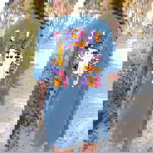 Teaching My Boos Ghost Teacher Cute Pencil Halloween Teacher Women&#x27;s Comfort Colors T-Shirt Back Print - teacherstshirts.com