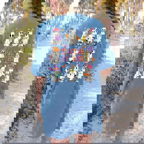 Teaching My Boos Teacher Cute Ghost Groovy Teacher Halloween Women&#x27;s Comfort Colors T-Shirt Back Print - teacherstshirts.com