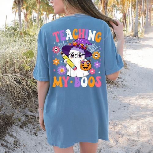 Teaching My Boos Teacher Ghost Teach Halloween Teacher Women's Comfort Colors T-Shirt Back Print - teacherstshirts.com DE
