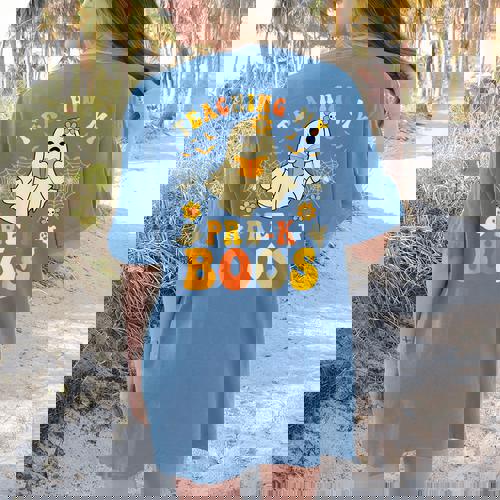 Teaching My Pre-K Boos Crew Teachers Halloween Ghost Women&#x27;s Comfort Colors T-Shirt Back Print - teacherstshirts.com