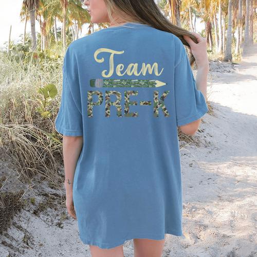 Team Pre-K Camo Pre-K Teacher Camouflage Women's Comfort Colors T-Shirt Back Print - teacherstshirts.com UK