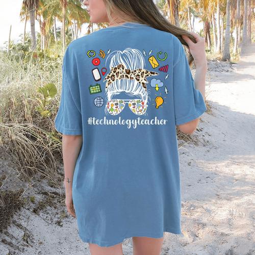 Technology Teacher Messy Bun Technology Teaching Women's Comfort Colors T-Shirt Back Print - teacherstshirts.com DE